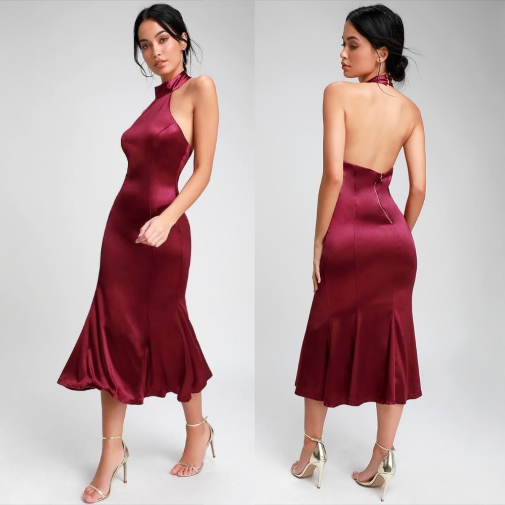 Lulus Burgundy Satin Halter Midi Dress